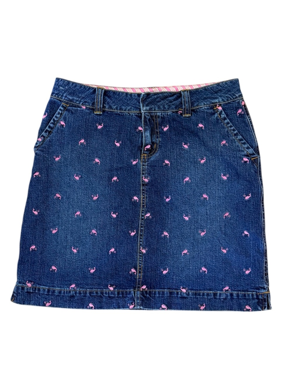Vintage Lilly Pulitzer Blue Denim Mini Skirt with Pink Embroidered Whale Motifs